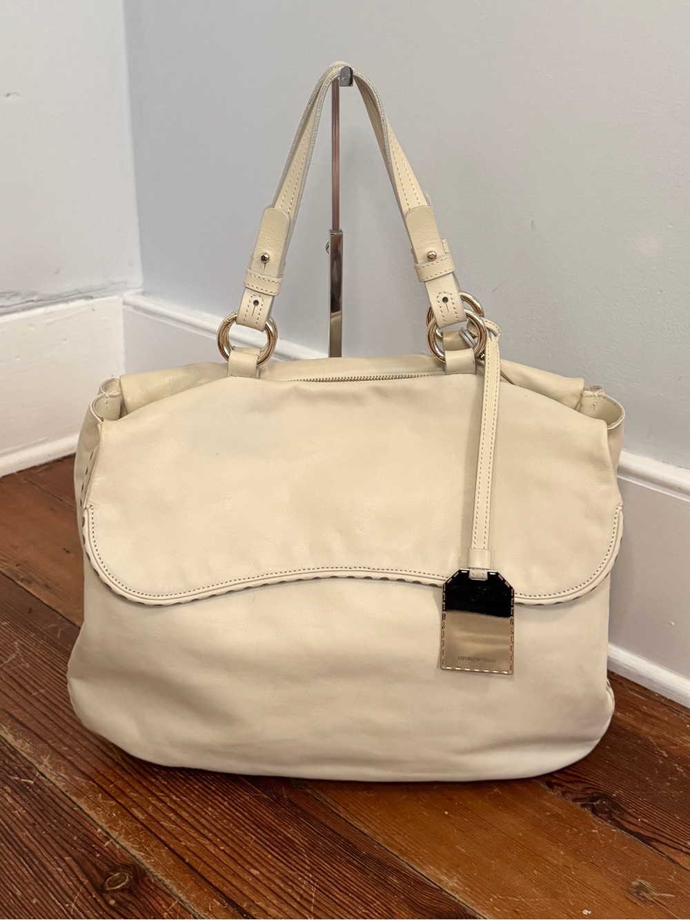 Emporio Armani Cream Leather Flap Tote Shoulder Bag Gold Hardware Hangtag Blue